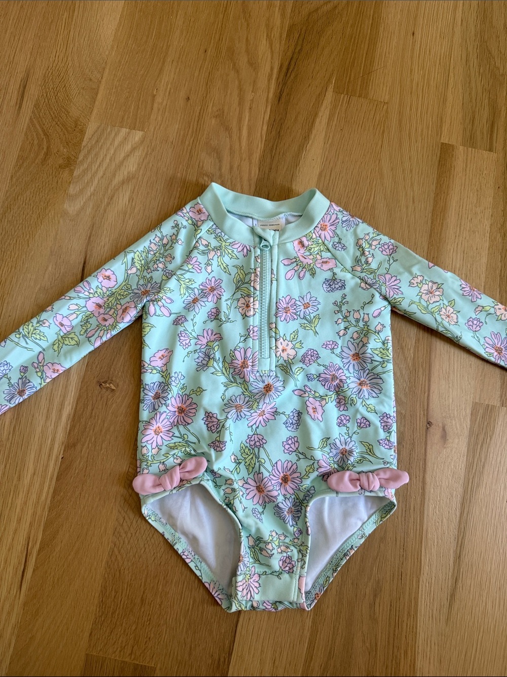 OshKosh B'gosh Mint Floral Long-Sleeve One-Piece Swimsuit with Pink Accents